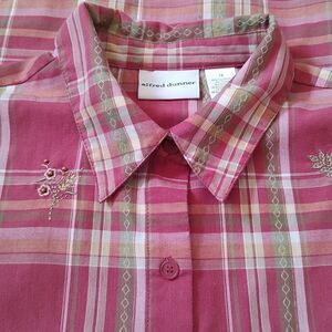 Alfred Dunner Pink Plaid Floral Embroidered Beaded Button Down Long Sleeve 16